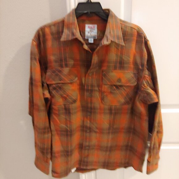 North Country Mens Button Up Flannel Plaid Shirt Large Orange Green Outdoor Gear - Picture 1 of 4